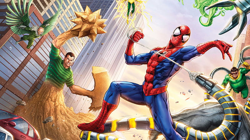 Spiderman Vs Sinister Six Art, spiderman, superheroes, artwork, digital-art, art, HD wallpaper