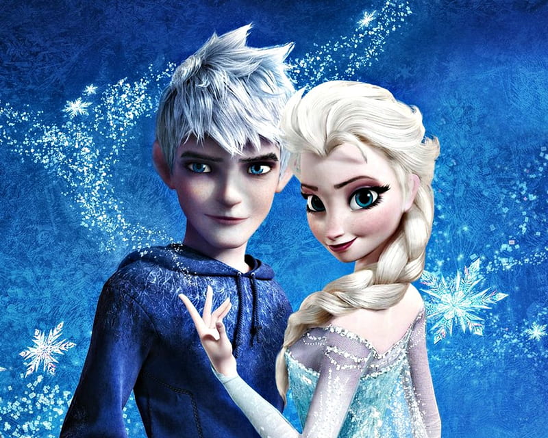 Jack Frost and Elsa, fanart, elsa, blonde, jack frost, winter, dashawhite, snowflake, fantasy, girl, frozen, couple, disney, blue, HD wallpaper