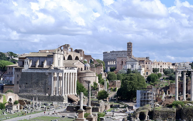 Roman Forum, Rome, Temple of Saturn, Colosseum, ruins, landmark, Rome cityscape, Italy, HD wallpaper