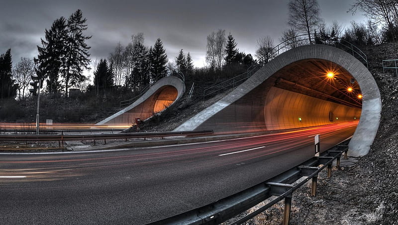 double road tunnels r, tunnels, roads, r, trees, clouds, lights, HD wallpaper