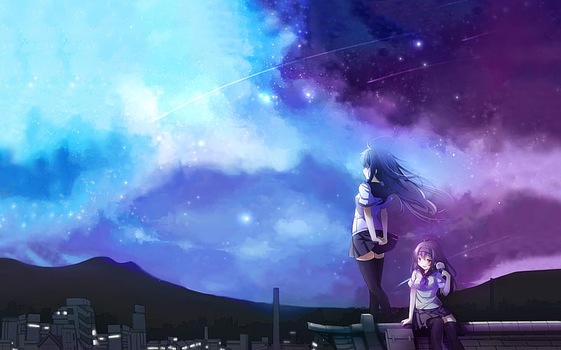 beautiful night sky, pretty, hills in the distance, bonito, sky, clouds, roof top, lights, city, anime, standing, beauty, sitting, girls, friends, night, HD wallpaper
