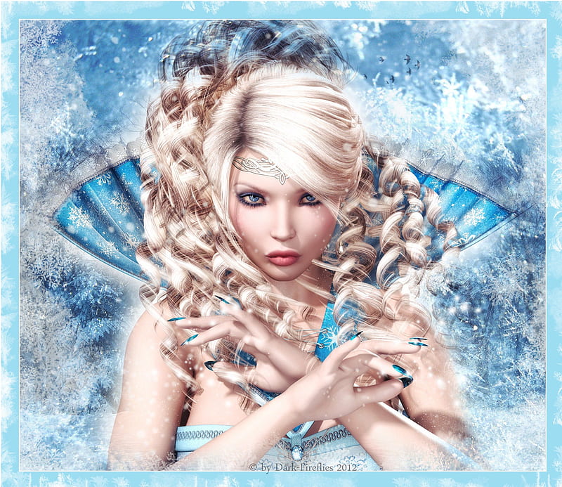 **ICE QUEEN PORTRAIT**, pretty, colorful, dress, wonderful, bonito, adorable, digital art, hop CS3, hair, splendor, love, face, gorgeous, blue, amazing, female, lovely, Dark Fireflies, colors, lashes, lips, cute, cool, snow, snowflakes, magical, ice, scenes, 3D art, eyes, HD wallpaper