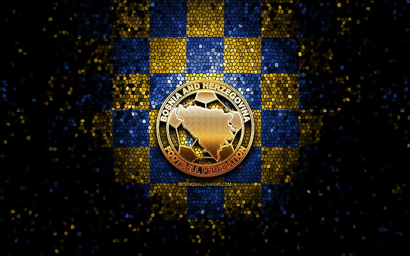 Bosnia and Herzegovina football team, glitter logo, UEFA, Europe, blue yellow checkered background, mosaic art, soccer, Bosnia and Herzegovina National Football Team, FABH logo, football, Bosnia and Herzegovina, HD wallpaper