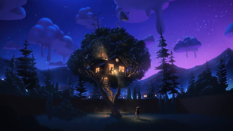 Fantasy, House, Child, Night, Tree, HD wallpaper