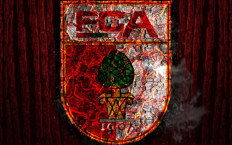 Augsburg FC, scorched logo, Bundesliga, red wooden background, german football club, grunge, football, soccer, Augsburg logo, fire texture, Germany, HD wallpaper