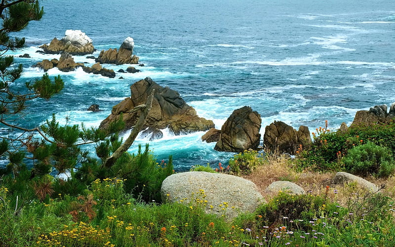 ocean, coast, waves, rocks, seascape, HD wallpaper