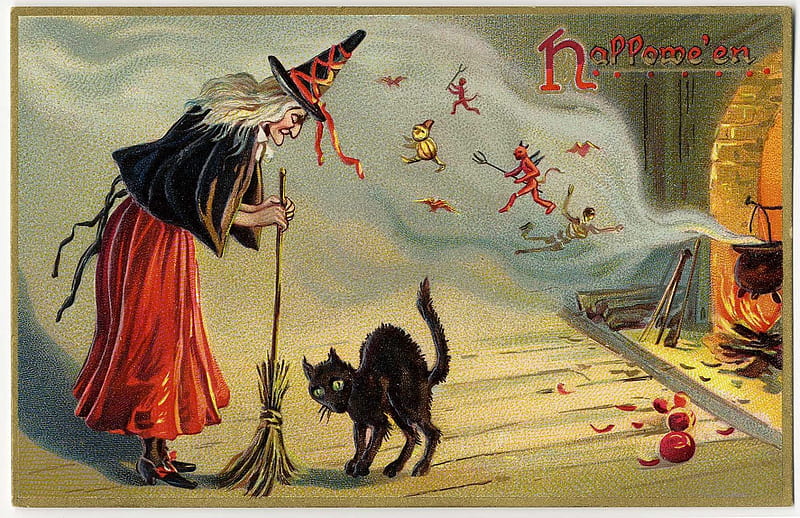 Happy Halloween!, halloween, retro, witch, black, cat, vintage, card, HD wallpaper