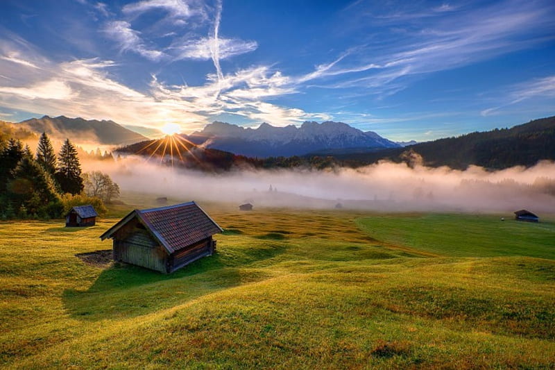Misty Morning In Upper Bavaria, huts, sunbeams, bonito, trees, sky, meadows, mountains, sunrise, field, HD wallpaper