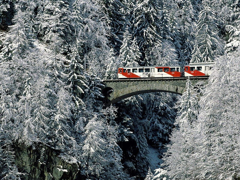 winter tour valais, train, snow, bridge, winter, HD wallpaper
