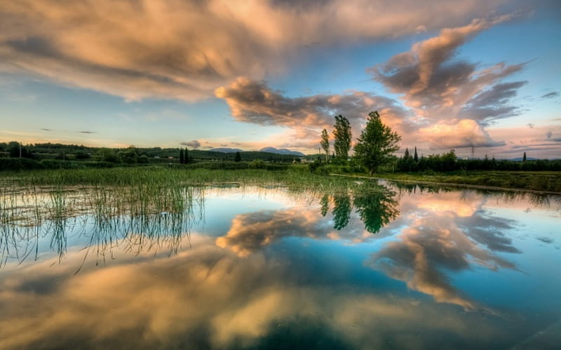 Lakeside Sunset, water, colors, trees, clouds, reflection, sky, HD wallpaper