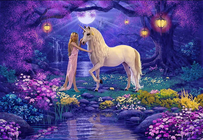 Unicorn garden, lantern, dusk, fairytale, bonito, fantasy, love, flowers, evening, light, art, forest, lovely, unicorn, girl, garden, lady, princess, HD wallpaper