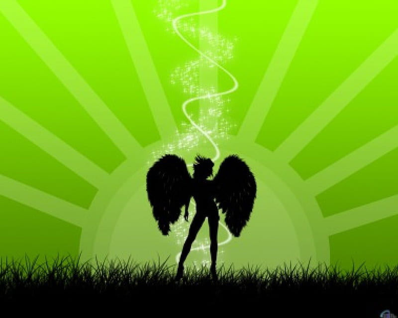 Angel Silhouette, gras, sun, green, angel, black, shadow, silhouette, abstract, HD wallpaper