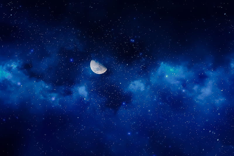 moon, blue nebula, stars, galaxy, Space, HD wallpaper