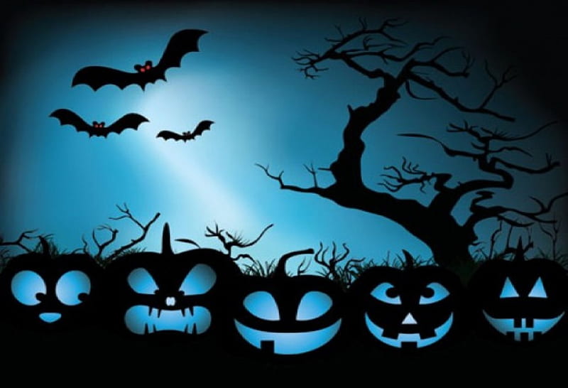 Happy Halloween, tree, bats, blue light, pumpkins, HD wallpaper | Peakpx