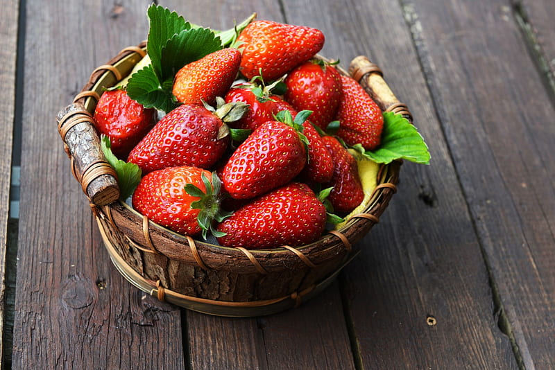 Strawberry, berries, basket, wood, HD wallpaper