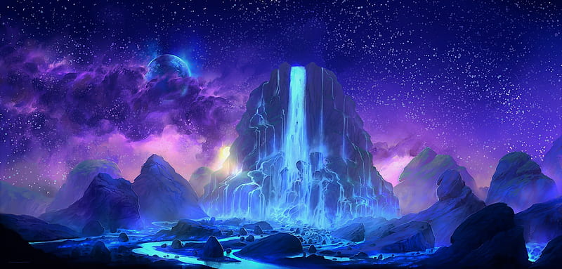 Fantasy Waterfall, waterfall, artist, digital-art, HD wallpaper