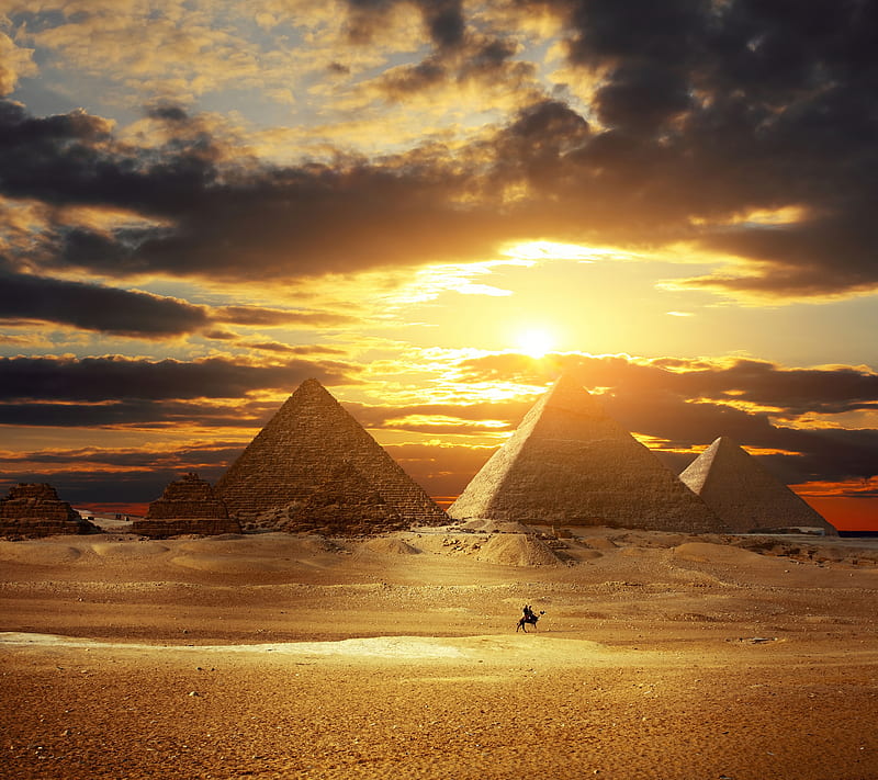 Desert Sunset, ancient, camel, desert, egypt, pyramid, sand, HD wallpaper