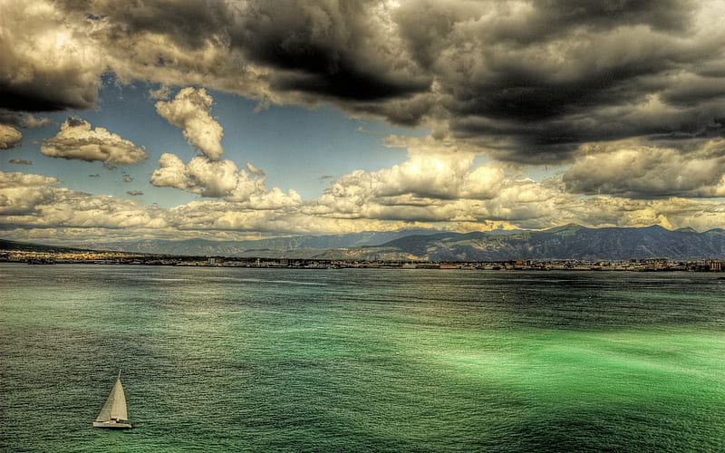 summer, clouds, italy, sea, r, mountains, HD wallpaper
