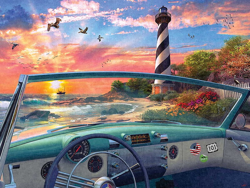 Cape Hatteras - Dominic Davison, car, digital, waves, sunset, seagulls, artwork, lighthouse, sea, HD wallpaper