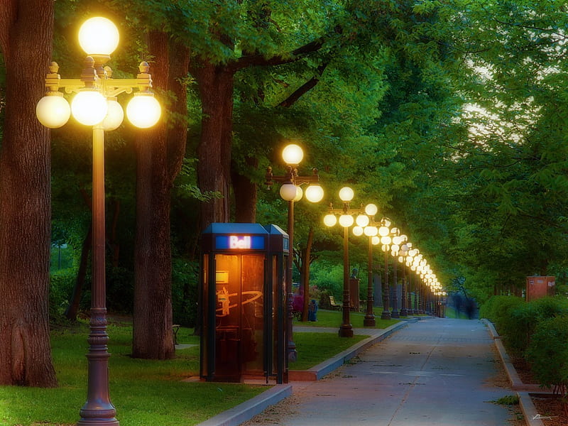 park alley in the evening, path, lamp, park, booth, HD wallpaper