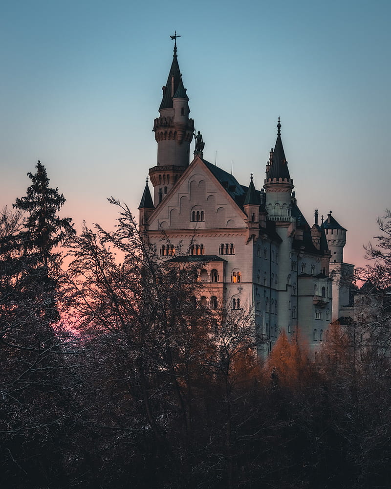 castle, building, architecture, trees, dusk, HD phone wallpaper