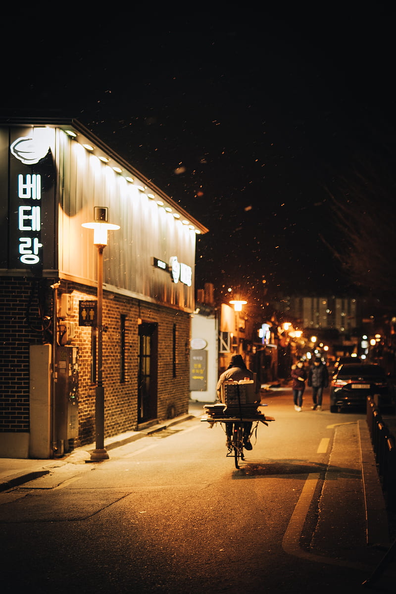 man, bike, courier, street, lights, night, HD phone wallpaper