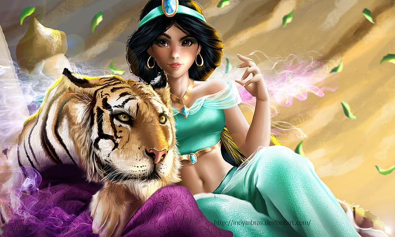 Jasmine And Rajah, artist, artwork, artstation, digital-art, jasmine, tiger, HD wallpaper