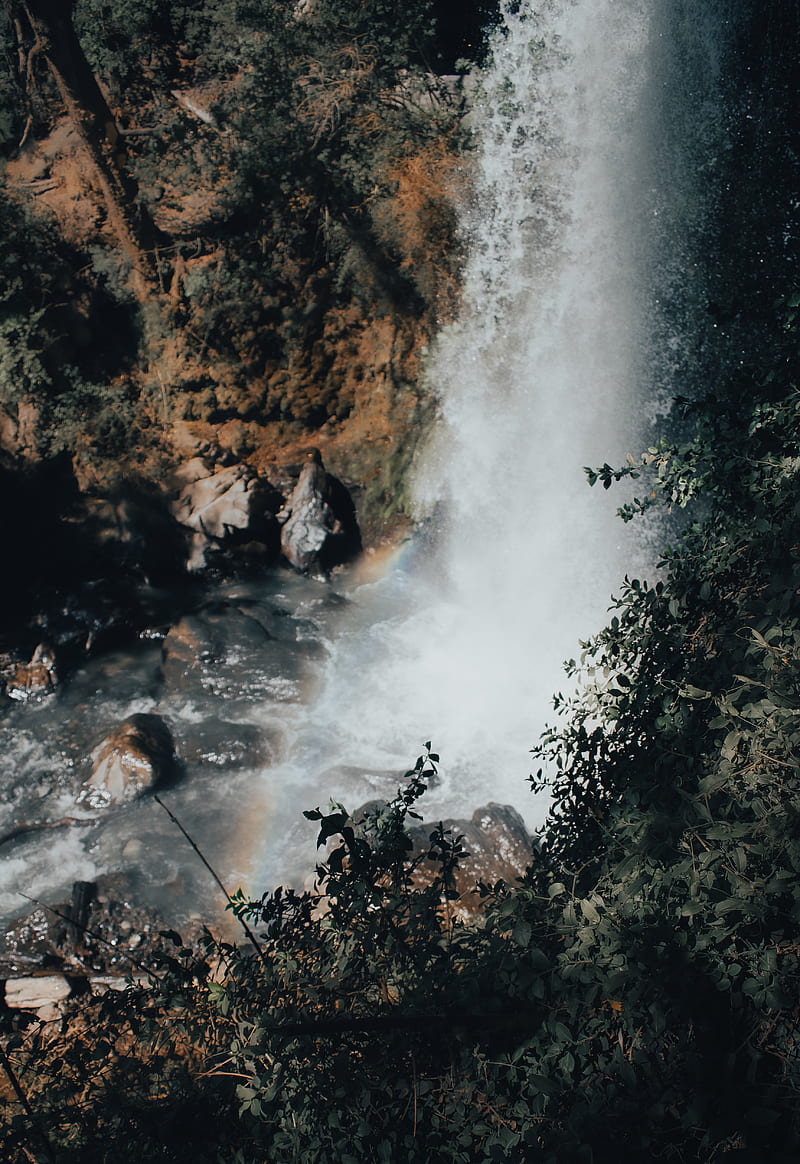 waterfall, cliff, stones, spray, rainbow, HD phone wallpaper