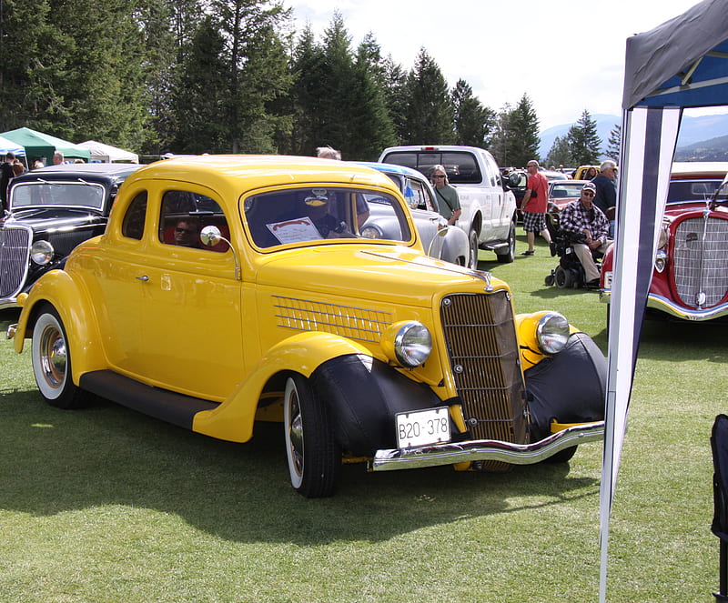 1946 Ford at the Radium Hot Springs car show 85 , Ford, tent, black, yellow, trees, clouds, silver, Grills, green, Headlights, car, graphy, tire, white, HD wallpaper