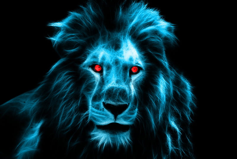 blue lion, digital art, poster, red eyes, big cats, Animal, HD wallpaper