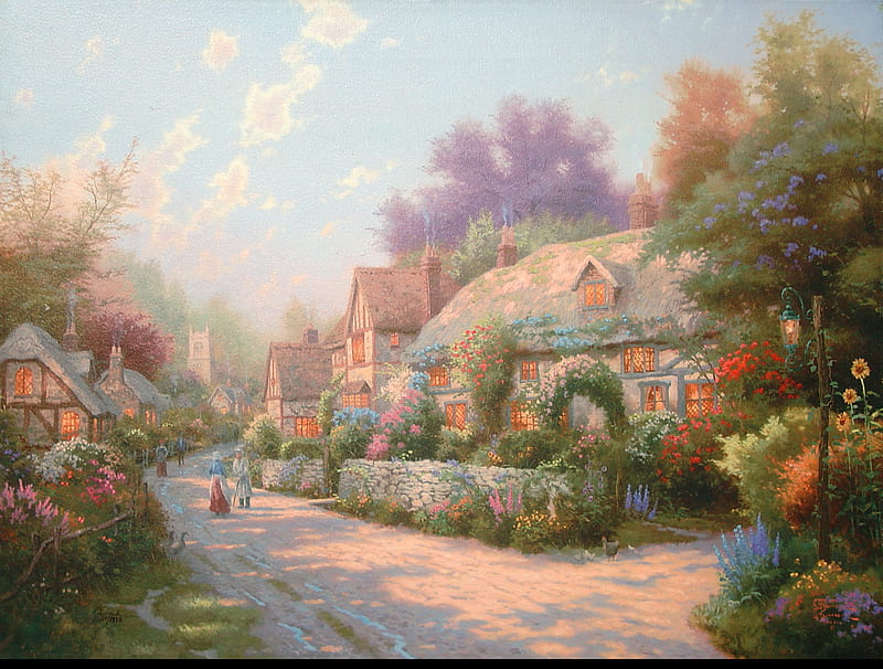 Cobblestone Village, houses, painting, cobblestone, flowers, village, bonito, road, trees, HD wallpaper
