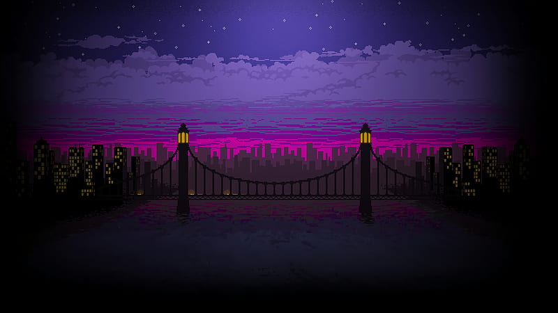 Artistic, Pixel Art, City , Bridge , Night, HD wallpaper
