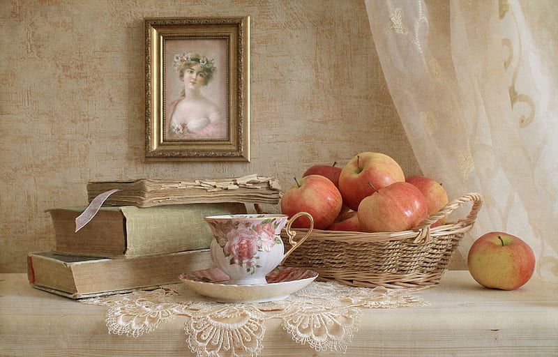 Still life, pretty, books, lace, book, bonito, old, gently, fruit, graphy, nice, beauty, harmony, art, apple, lovely, soft, delicate, elegantly, cool, girl, cup, HD wallpaper