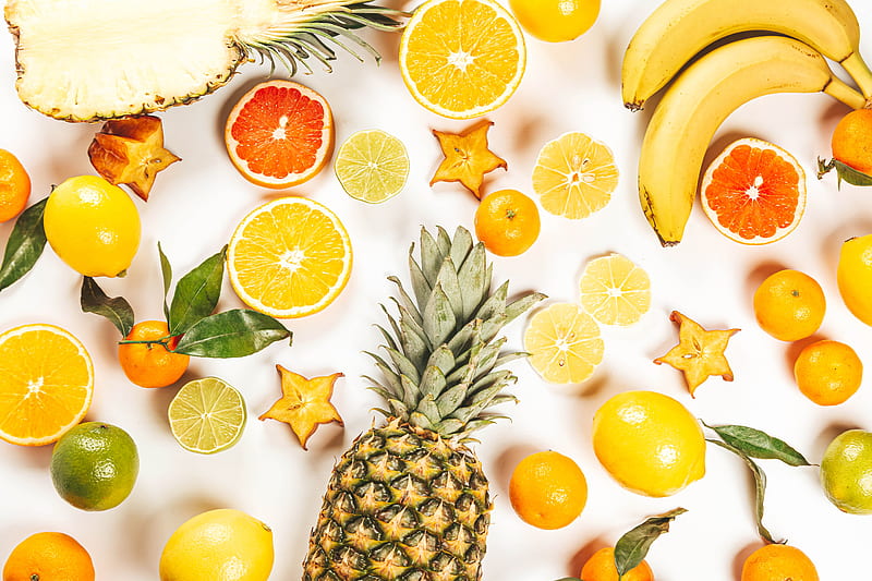 fruits, pineapple, orange, tangerine, starfruit, grapefruit, HD wallpaper
