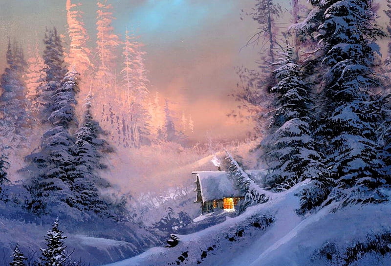 Lonely cottage in snowy mountain, pretty, house, cottage, cabin, bonito, snowy, cold, nice, painting, frost, forest, lovely, lonely, trees, snow, snowflakes, slope, peaceful, nature, frozen, HD wallpaper