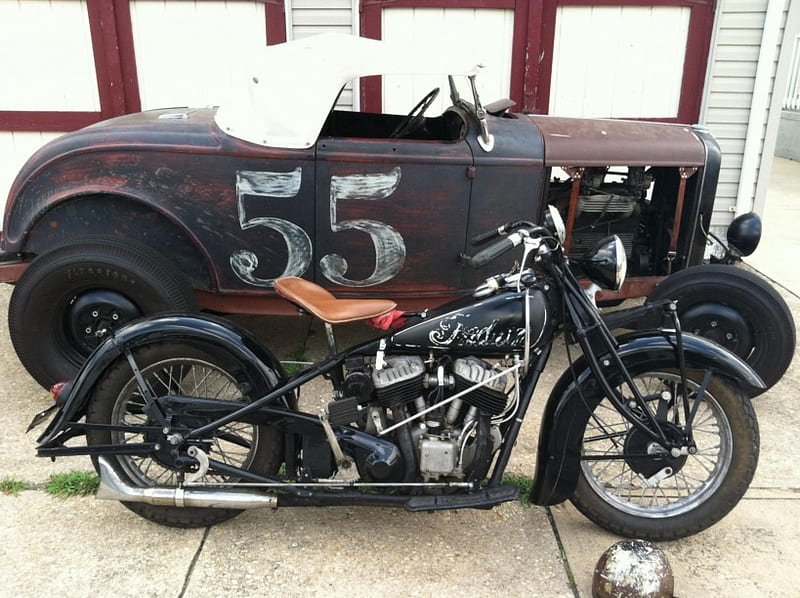 Pre War Motorcycle And Car, bike, hot rod, flathead, motorcycle, HD wallpaper