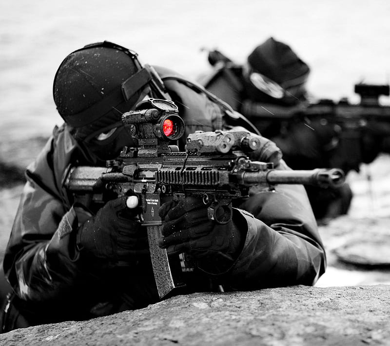 Shooter, army, black, military, optics, rifle, scope, soldier, weapon, white, HD wallpaper