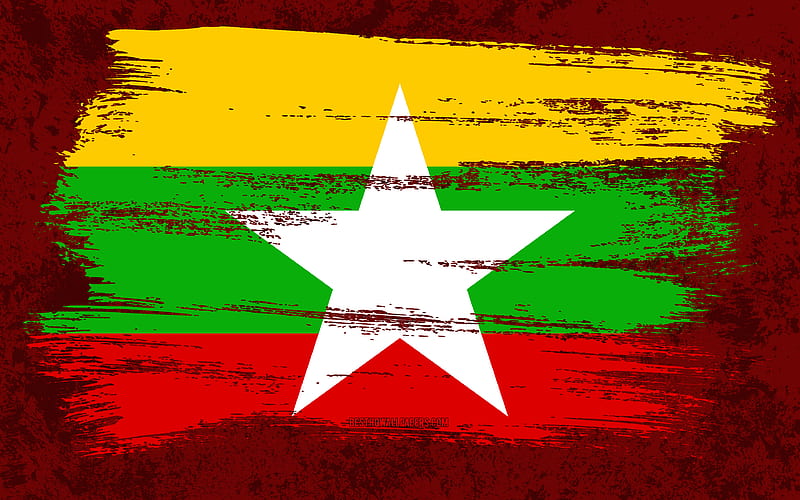 Flag of Myanmar, grunge flags, Asian countries, national symbols, brush stroke, Myanmar flag, grunge art, Asia, Myanmar, HD wallpaper