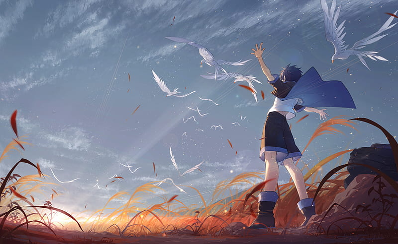 anime boy, dom, scenic, birds, sunset, clouds, sky, Anime, HD wallpaper