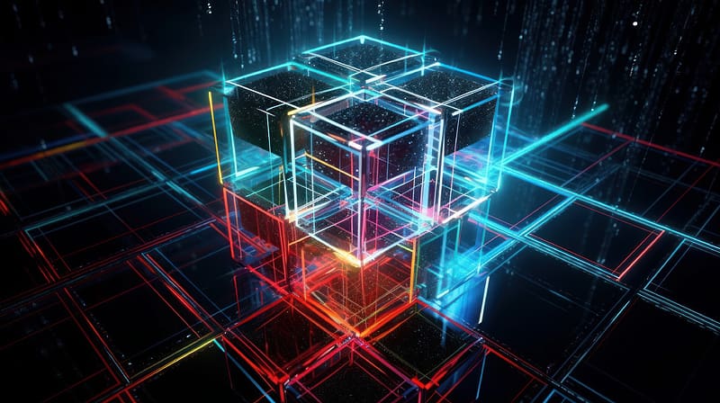Neon Cube, cube, neon, black background, 3d, colorful, HD wallpaper