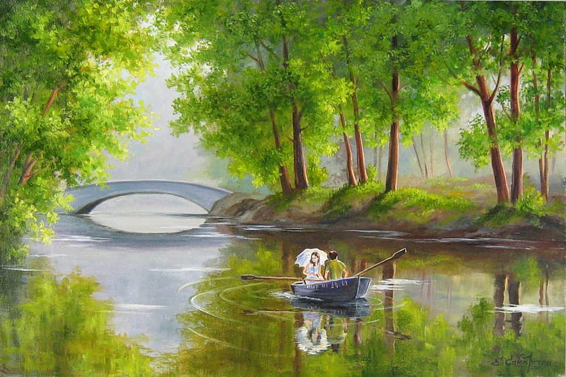 Elena Samarskaya . : One world on two. 2011 year., art, coupl, elena samarskaya, tree, boat, bridge, painting, nature, river, HD wallpaper