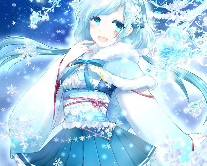 Snow Maiden, pretty, bonito, adorable, sublime, sweet, nice, anime, yukata, beauty, anime girl, long hair, blue eyes, female, lovely, smile, kimono, smiling, winter, happy, cute, flakes, kawaii, girl, blue hair, snow, snow flakes, angelic, HD wallpaper