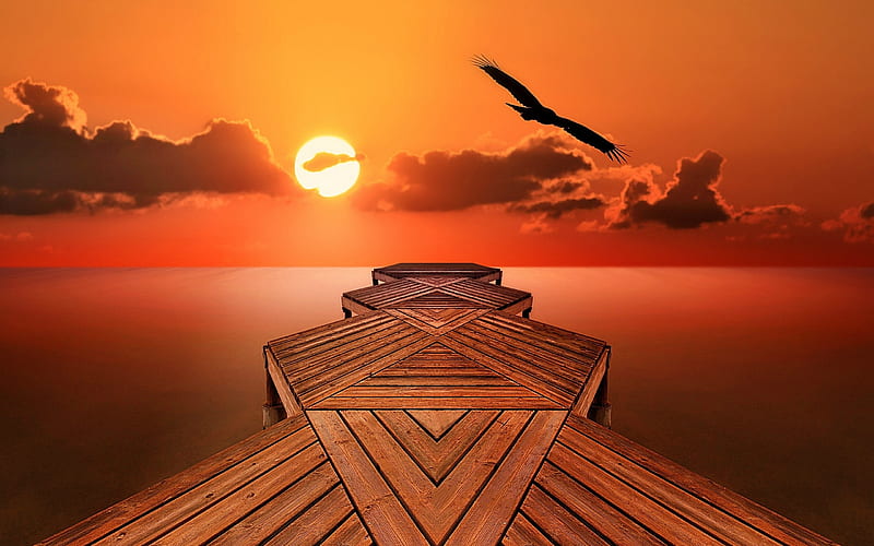 Red Sunset ( Sailors Delight ), eagle, sunset, nature, pier, HD wallpaper