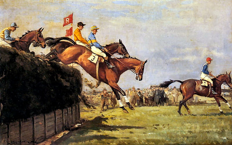 The Grand National Steeplechase, art, equine, bonito, horse, illustration, artwork, steeplechasing, animal, painting, wide screen, HD wallpaper