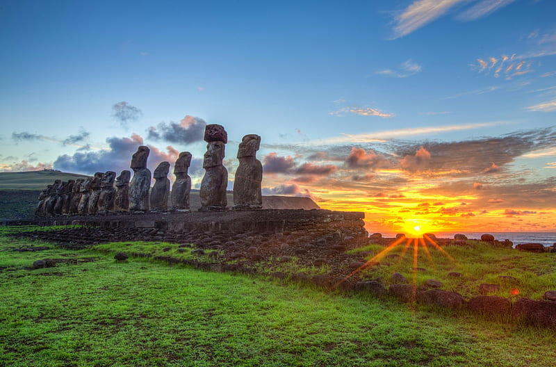 Sunrise At Ahu Tongariki, Easter Island, grass, rapa nui, yellow, bonito, monolithic statues, sky, moais, clouds, green, Chile, sunrise, blue sky, island, HD wallpaper