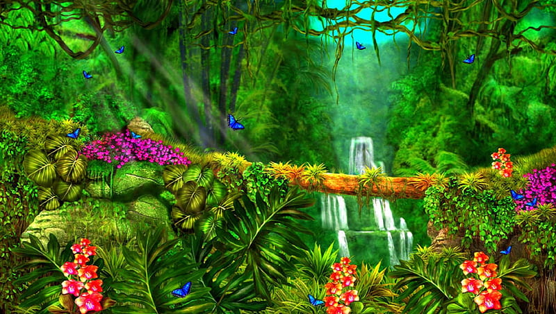 ★Summer Jungle★, attractions in dreams, bonito, paintings, landscapes, flowers, forests, scenery, butterfly designs, animals, lovely, colors, love four seasons, creative pre-made, butterflies, trees, waterfalls, summer, nature, tropical, HD wallpaper