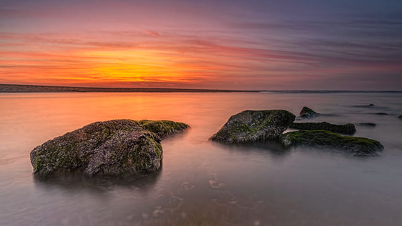sunset, stone, horizon, block, HD wallpaper