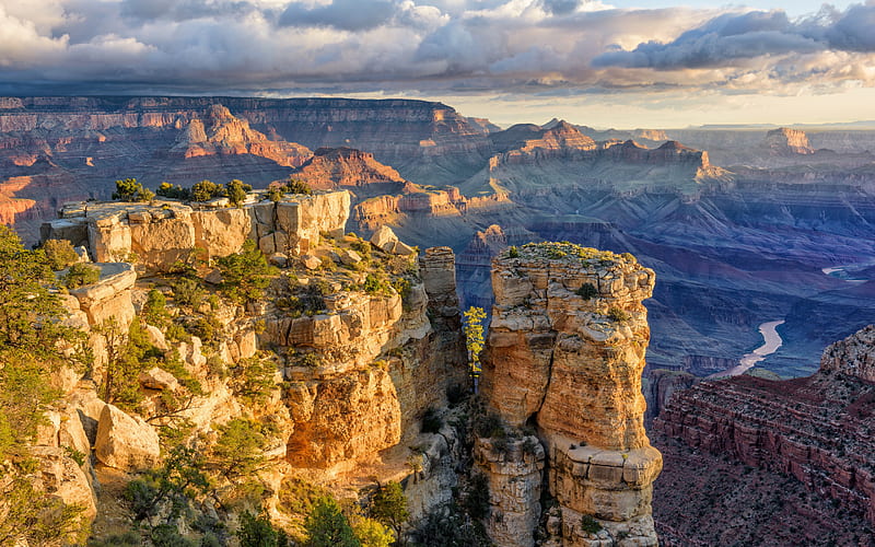 Grand Canyon, evening, sunset, canyon, United States, rocks, Mountain landscape, Arizona, USA, HD wallpaper