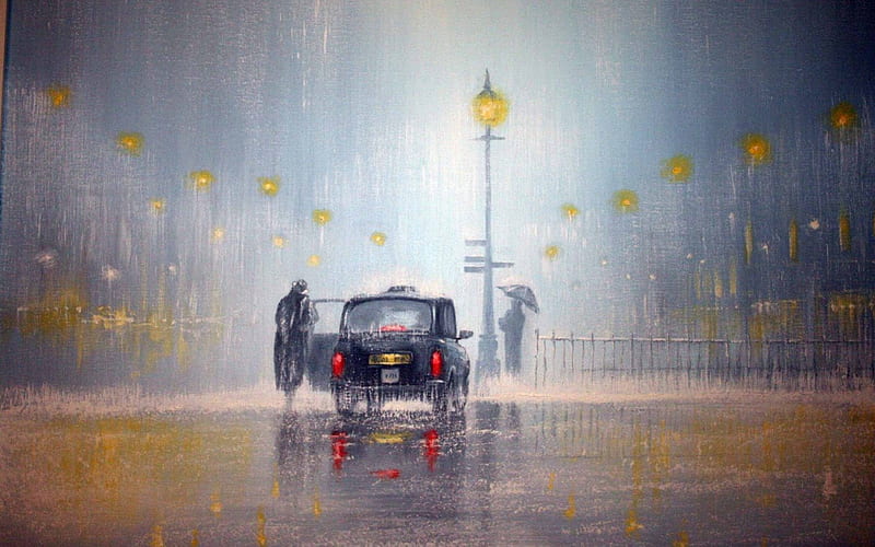 Jeff Rowland painting, red, lantern, umbrella, yellow, city, people, car, painting, jeff rowland, light, street, vintage, night, art, lamp, retro, rain, HD wallpaper