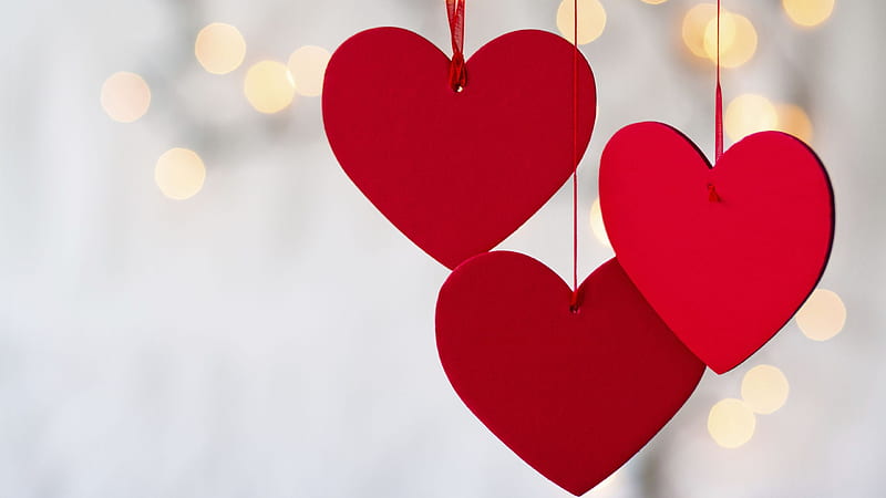 Red Hearts Hanging In Yellow Light Bokeh Background Valentine, HD wallpaper